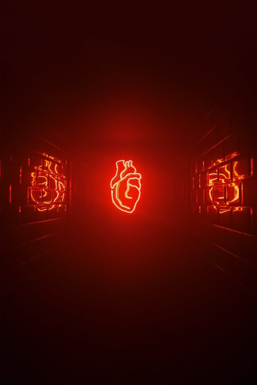 neon heart shining in red