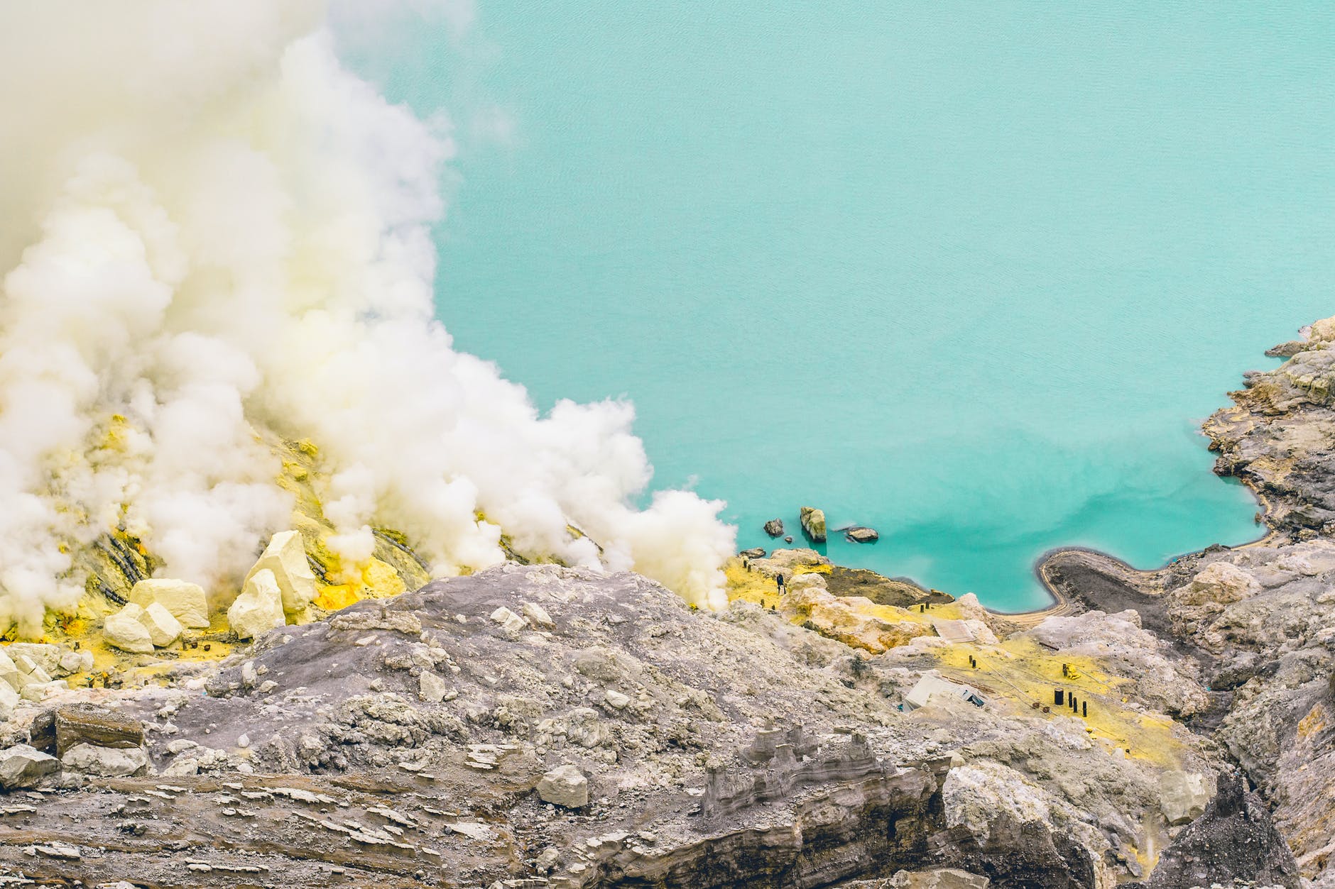 photo of kawah ijen volcano with sulfur mining in indonesia