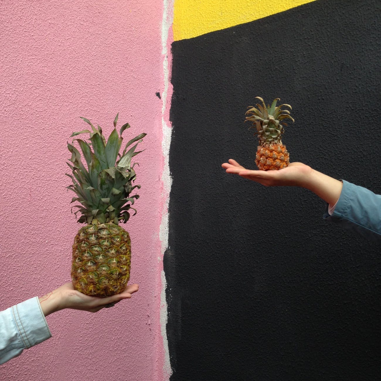 two people holding pineapple fruits against a multicolored wall